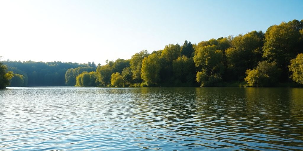 Ruhige Landschaft mit See und grünen Bäumen.